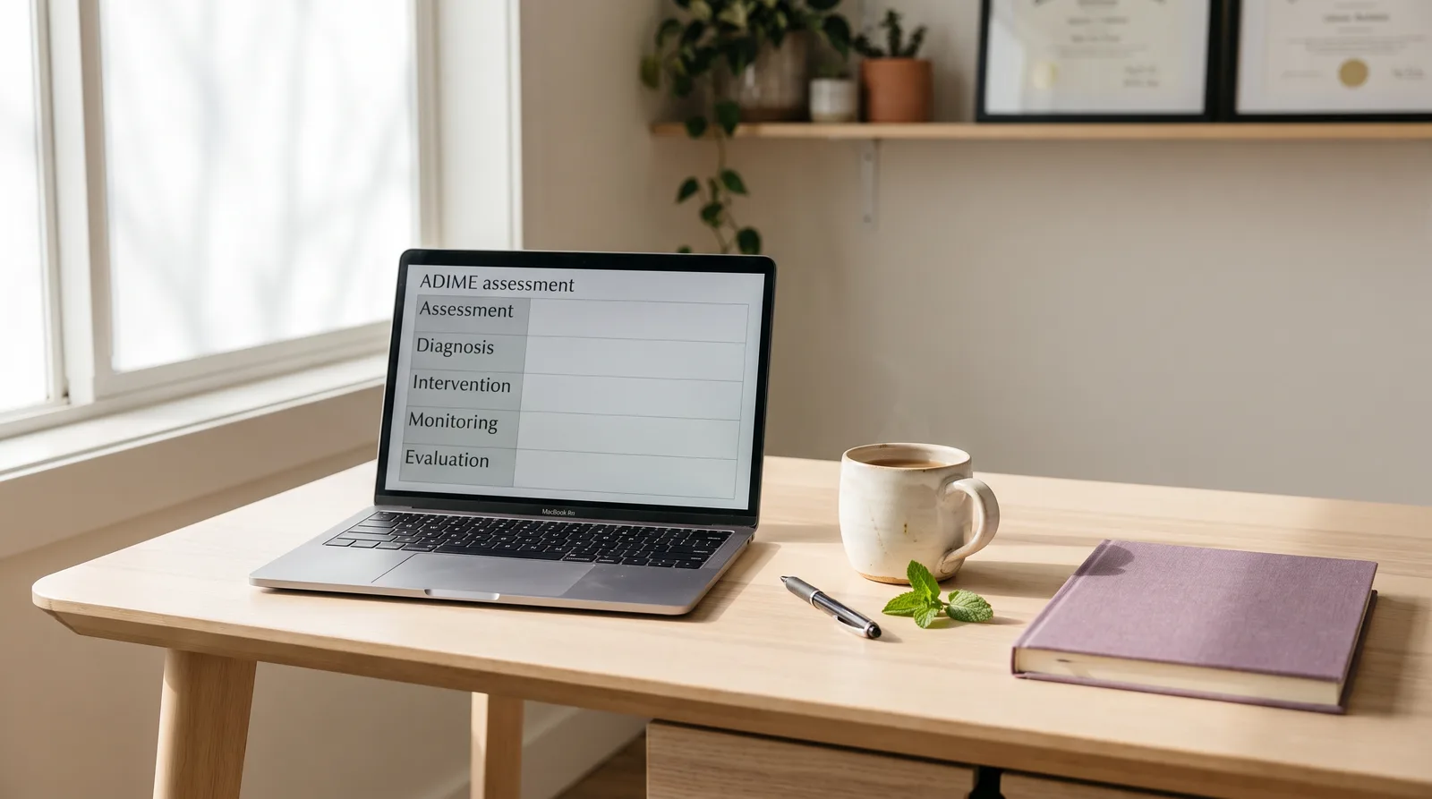 A clean modern clinical nutrition office with a laptop displaying an ADIME assessment template on a wooden desk with fresh greens.