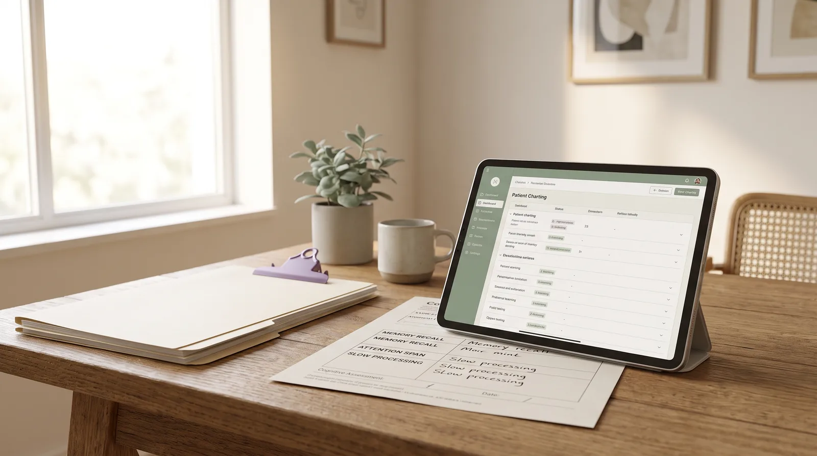 A clean clinical workspace with a laptop open displaying Cerbo EHR integration on a warm wooden desk with a subtle purple notepad.