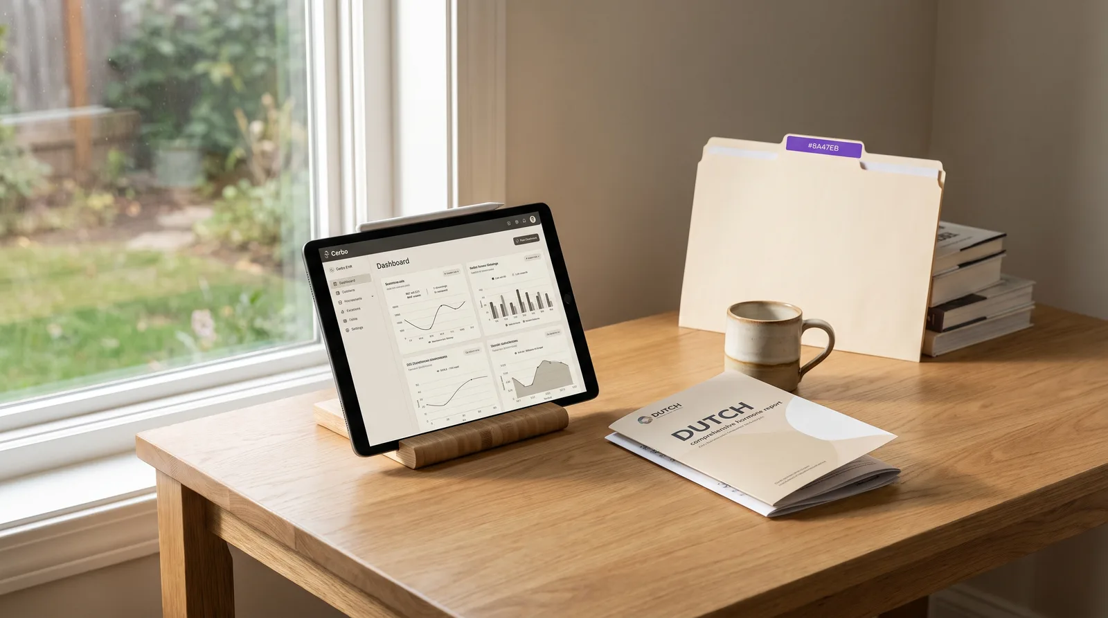 A minimalist clinical desk with a tablet open to Cerbo EHR showing DUTCH test hormone analysis.
