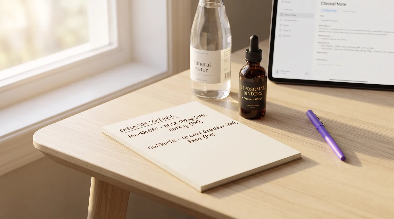 A clean clinical desk showing a laptop with Cerbo EHR integration, medical reports, and healthy botanical elements.