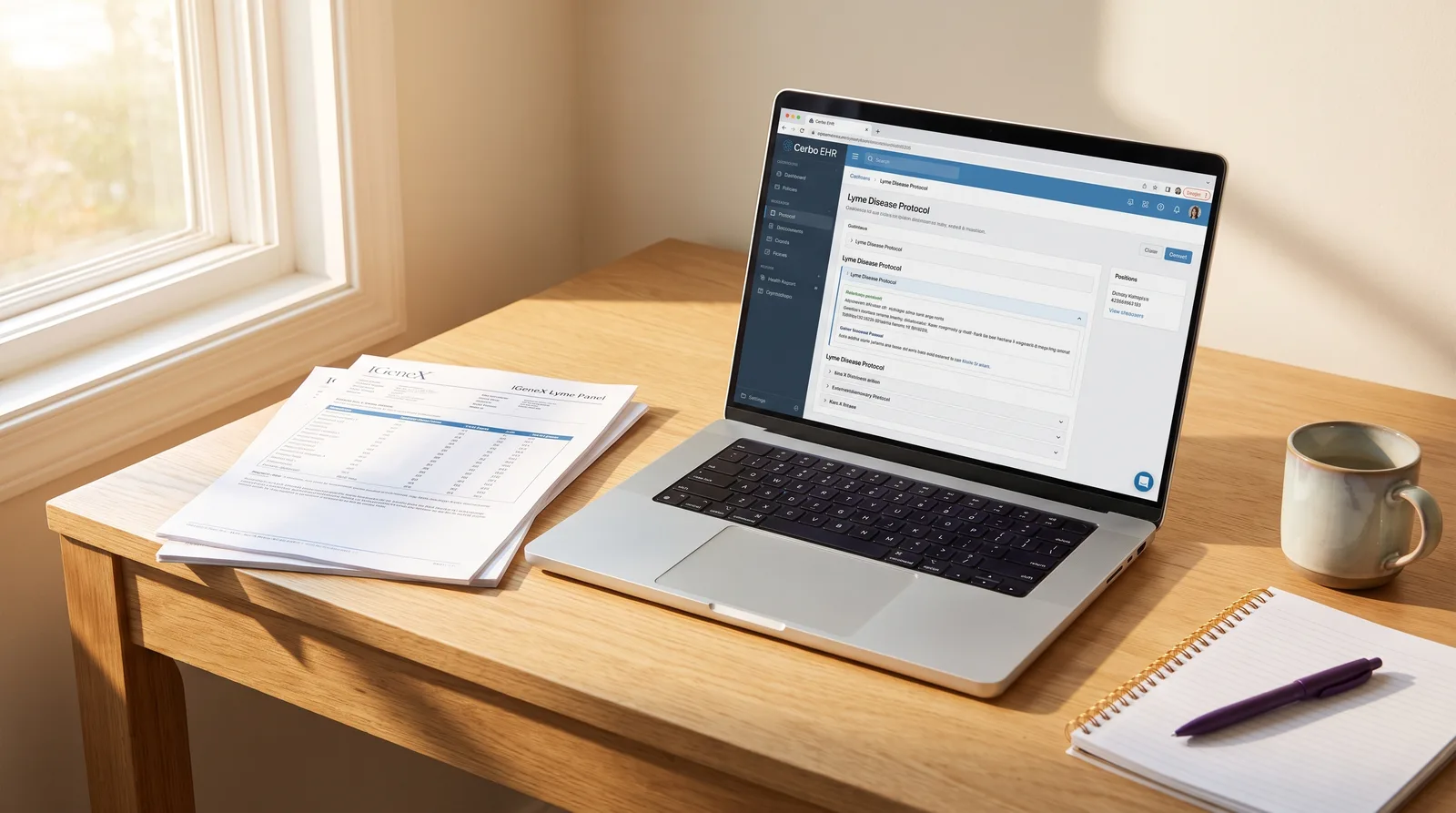 A clean, modern functional medicine desk featuring clinical reports, a laptop showing an organized clinical chart, and warm green plants.