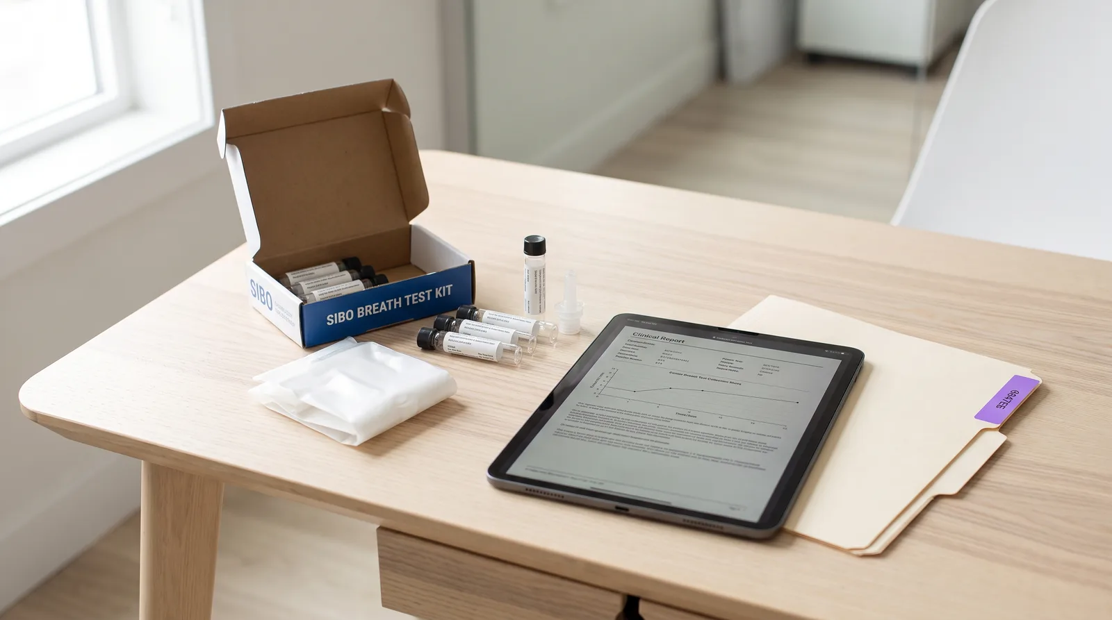 Editorial close-up of a SIBO breath test kit box, glass collection vials, and a patient breath bag on an ash wood desk next to a tablet showing clinical charts