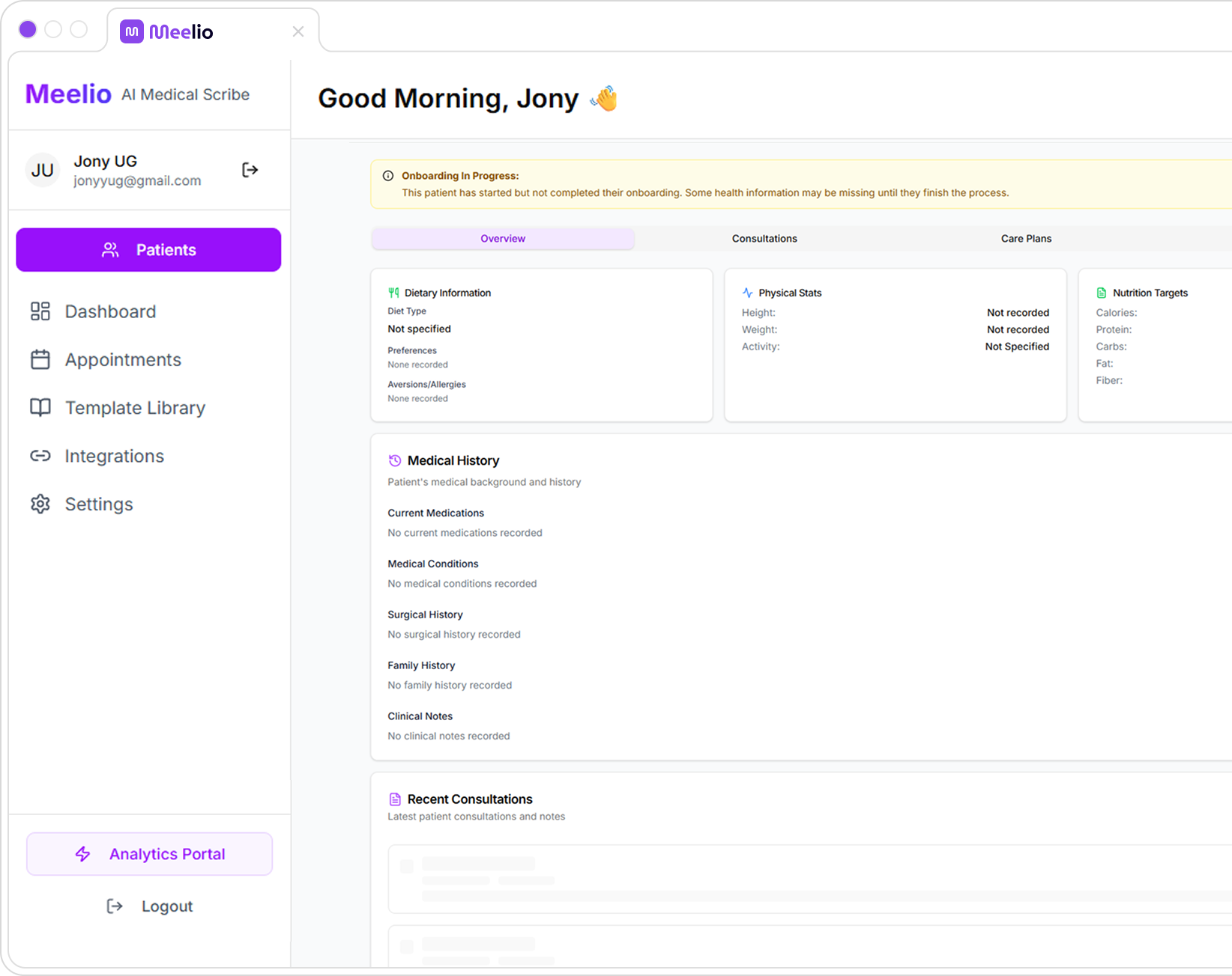 Meelio Interface for Nutritionists