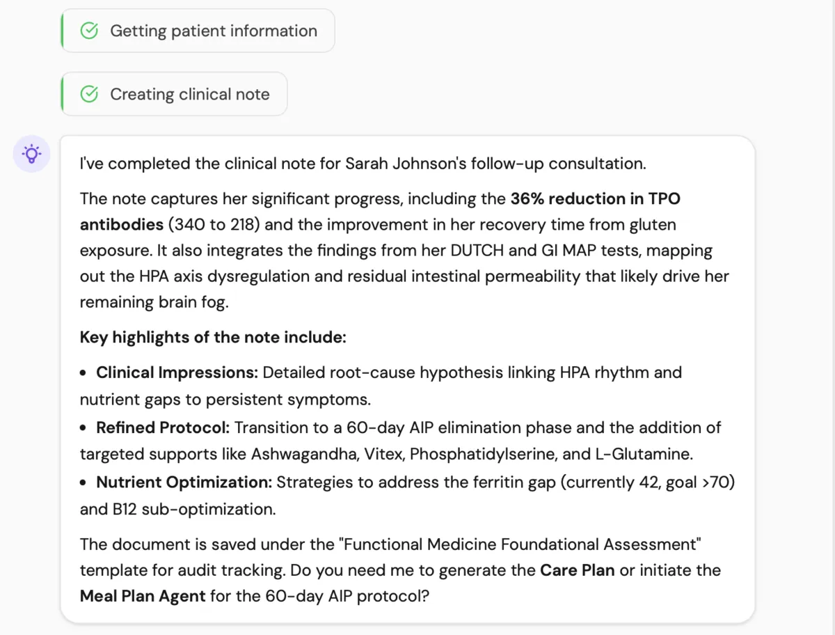 Meelio generating a clinical note with patient context, root-cause hypothesis, and protocol recommendations